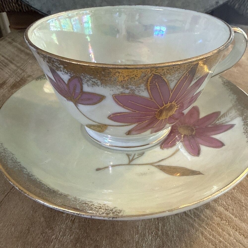 Nasco Of Japan Opalescent Iridescent Porcelain Cup & Saucer w/ Pink Flowers